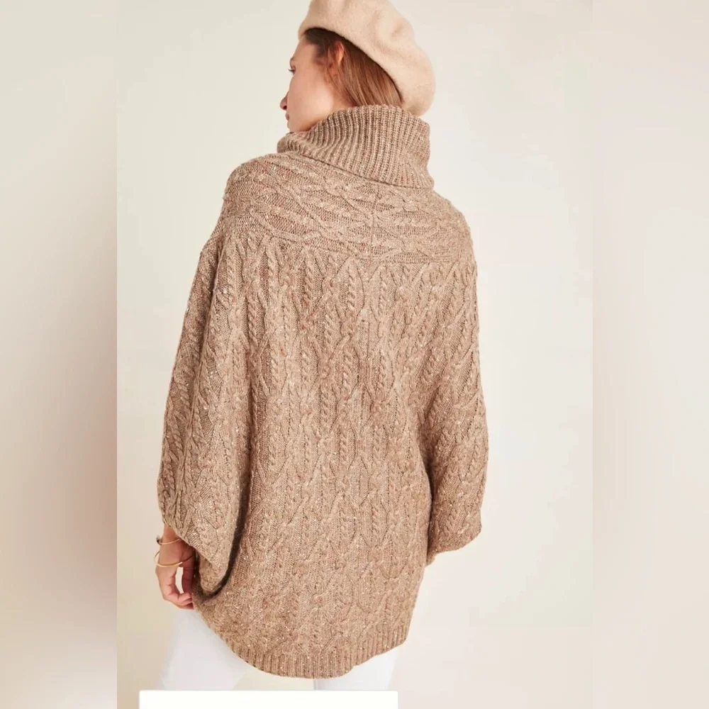 By Anthropologie Tan Corine Cable Knit Poncho Cowl Neck Sweater size XL